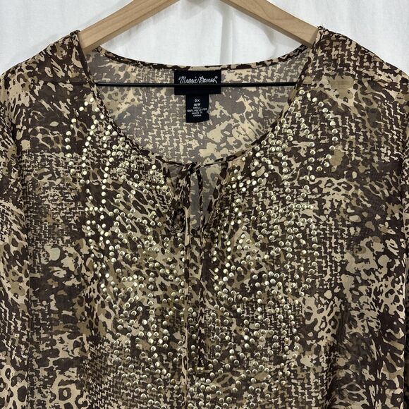 Maggie Barnes Brown Cream Animal Print Sheer Studded Top Size 0X 16W Boho - Picture 4 of 13